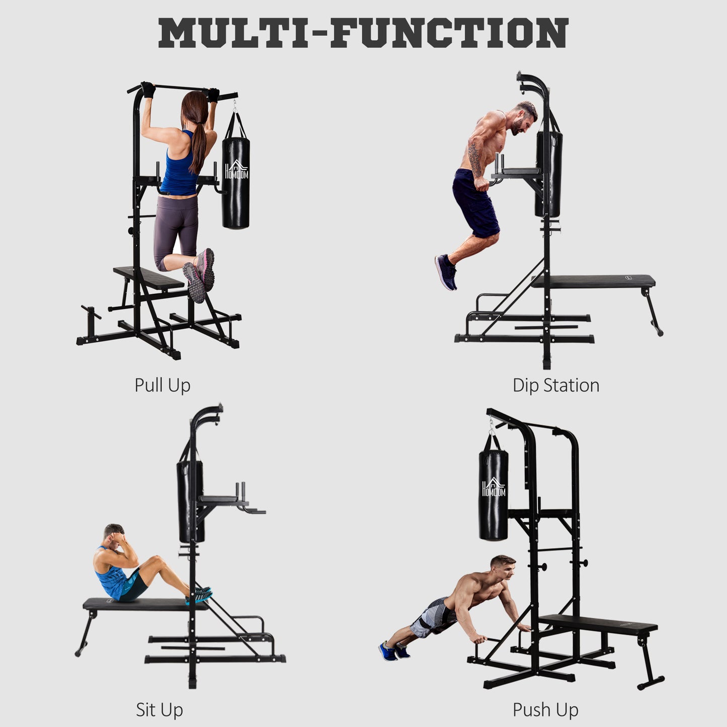 Home Gym Power Tower with Bench and Punching Bag, Multi-Function Adjustable Dip Sit Up Workout Station Equipment Heavy Duty for Home