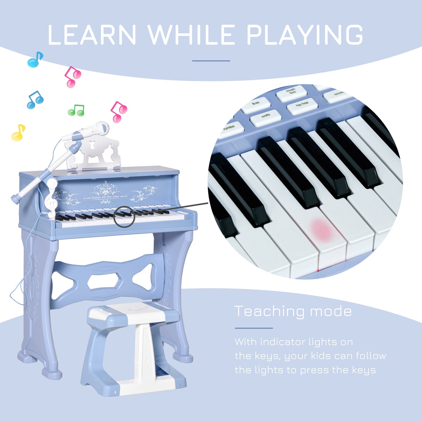 37 Keys Mini Electronic Keyboard Light Kids Musical Instrument Educational Game Children Grand Piano Toy Set w/Stool & Microphone & Music Blue