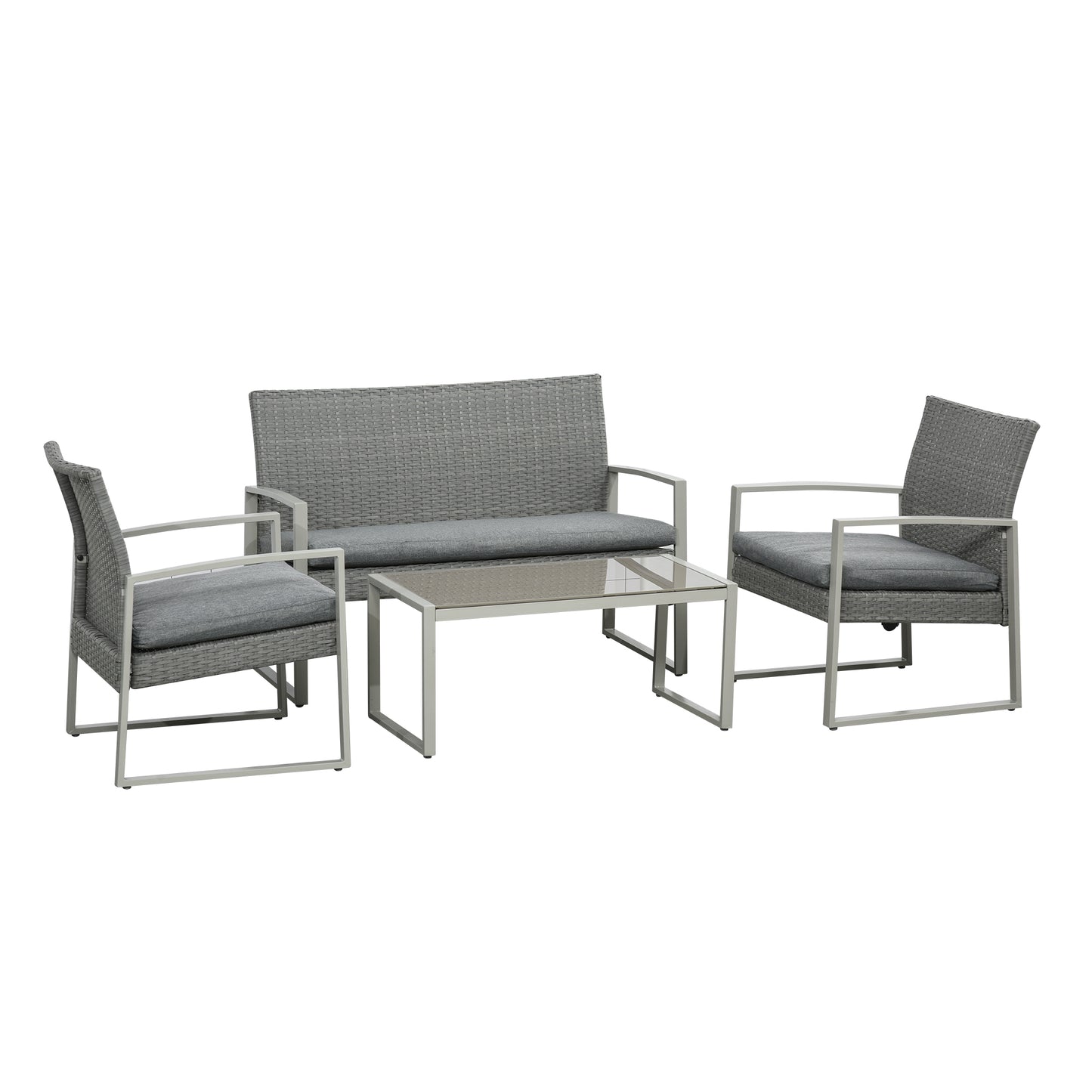 Outsunny 4 Piece PE Rattan Wicker Sofa Set Outdoor Conservatory Furniture Lawn Patio Coffee Table w/ Cushion, Grey