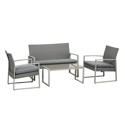 Outsunny 4 Piece PE Rattan Wicker Sofa Set Outdoor Conservatory Furniture Lawn Patio Coffee Table w/ Cushion, Grey
