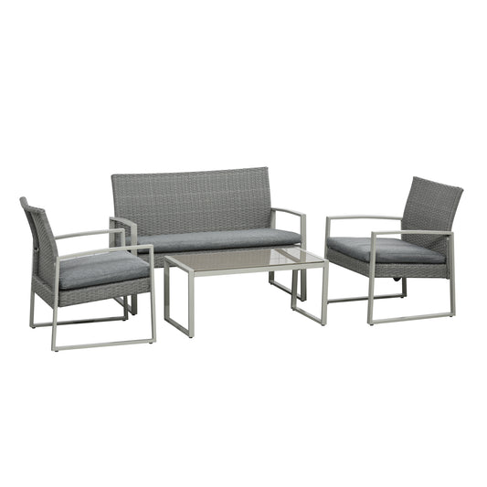 Outsunny 4 Piece PE Rattan Wicker Sofa Set Outdoor Conservatory Furniture Lawn Patio Coffee Table w/ Cushion, Grey