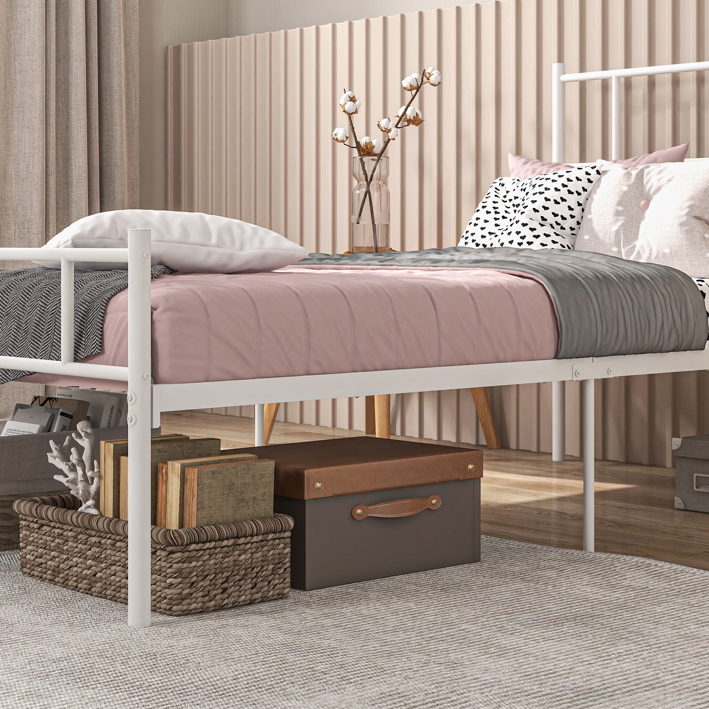Single Bed Frame, Metal Bed Base with Headboard and Footboard, Metal Slat Support and 31cm Underbed Storage Space