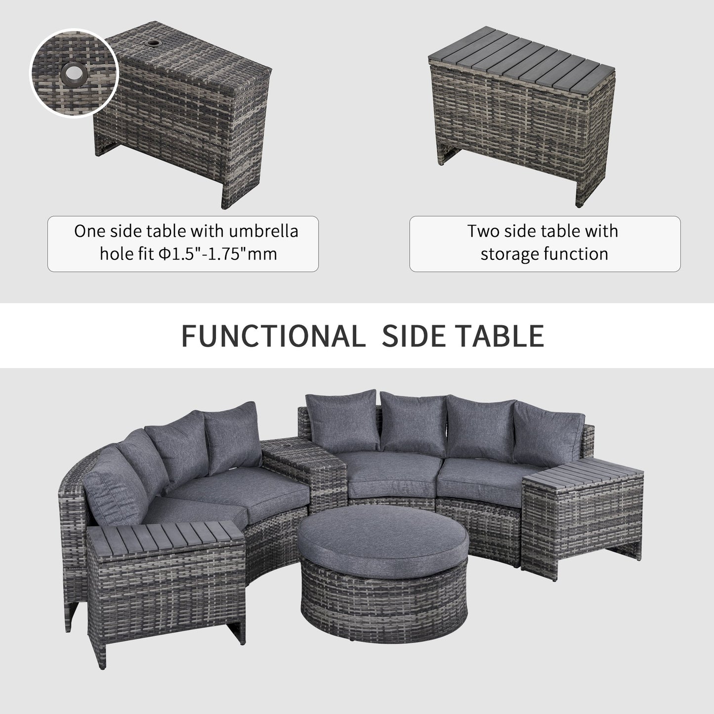 Outsunny 4-Seater Outdoor PE Rattan Wicker Sofa Set Half Round Conversation w/ 1 Umbrella Hole Side Table and 2 Storage Side Tables Grey
