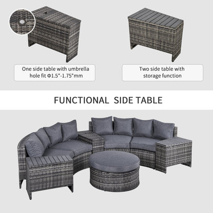 Outsunny 4-Seater Outdoor PE Rattan Wicker Sofa Set Half Round Conversation w/ 1 Umbrella Hole Side Table and 2 Storage Side Tables Grey