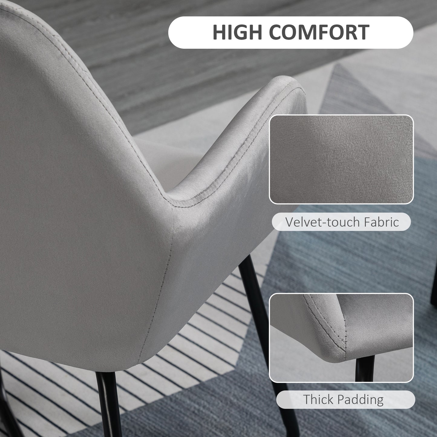 Modern Accent Chair, Velvet-Feel Fabric Upholstered Armchair with Metal Base for Living Room, Set of 2, Grey