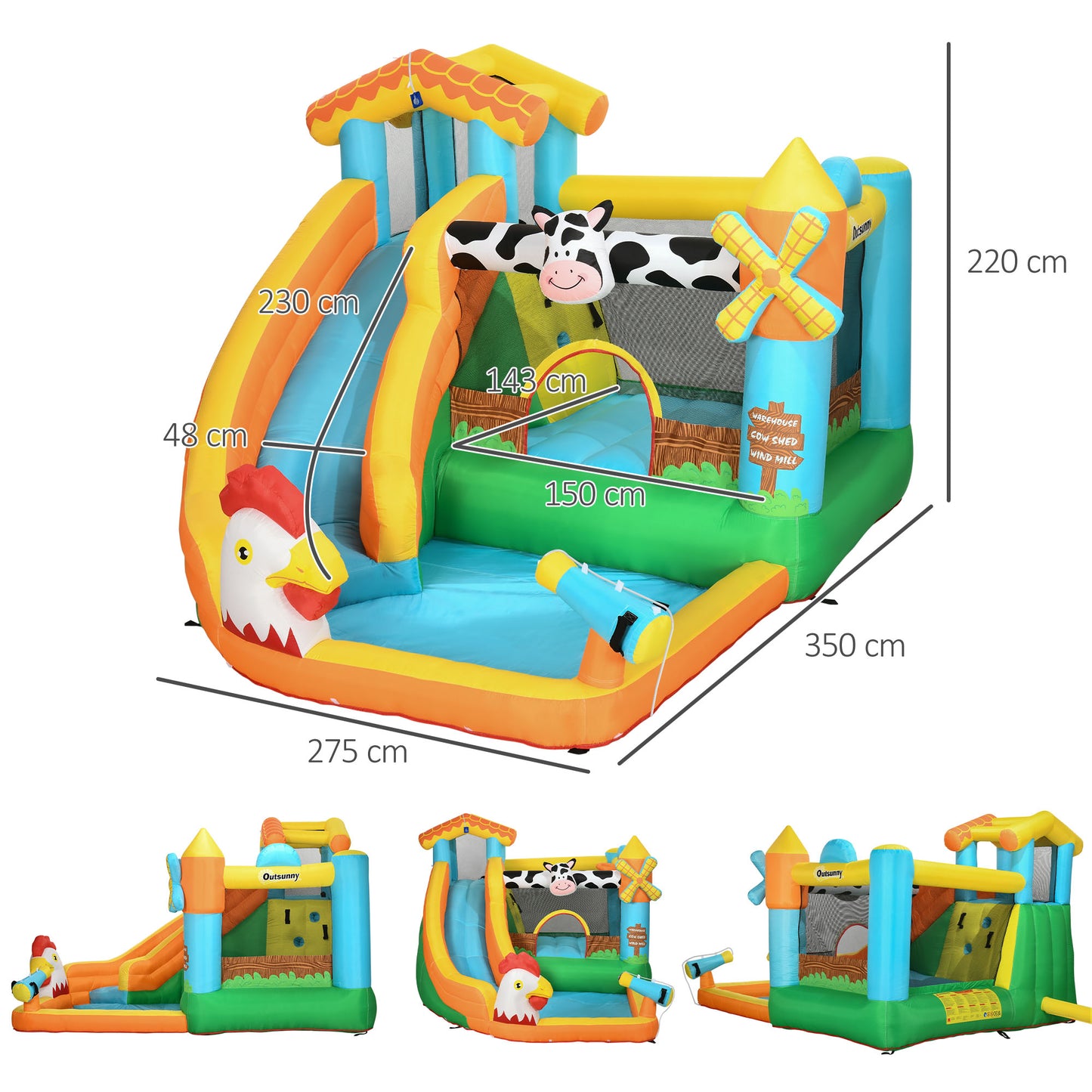 Outsunny 5 in 1 Kids Bounce Castle Farm Style Inflatable House with Slide Trampoline Pool Water Cannon Climbing Wall Inflator Carry bag for Ages 3-8