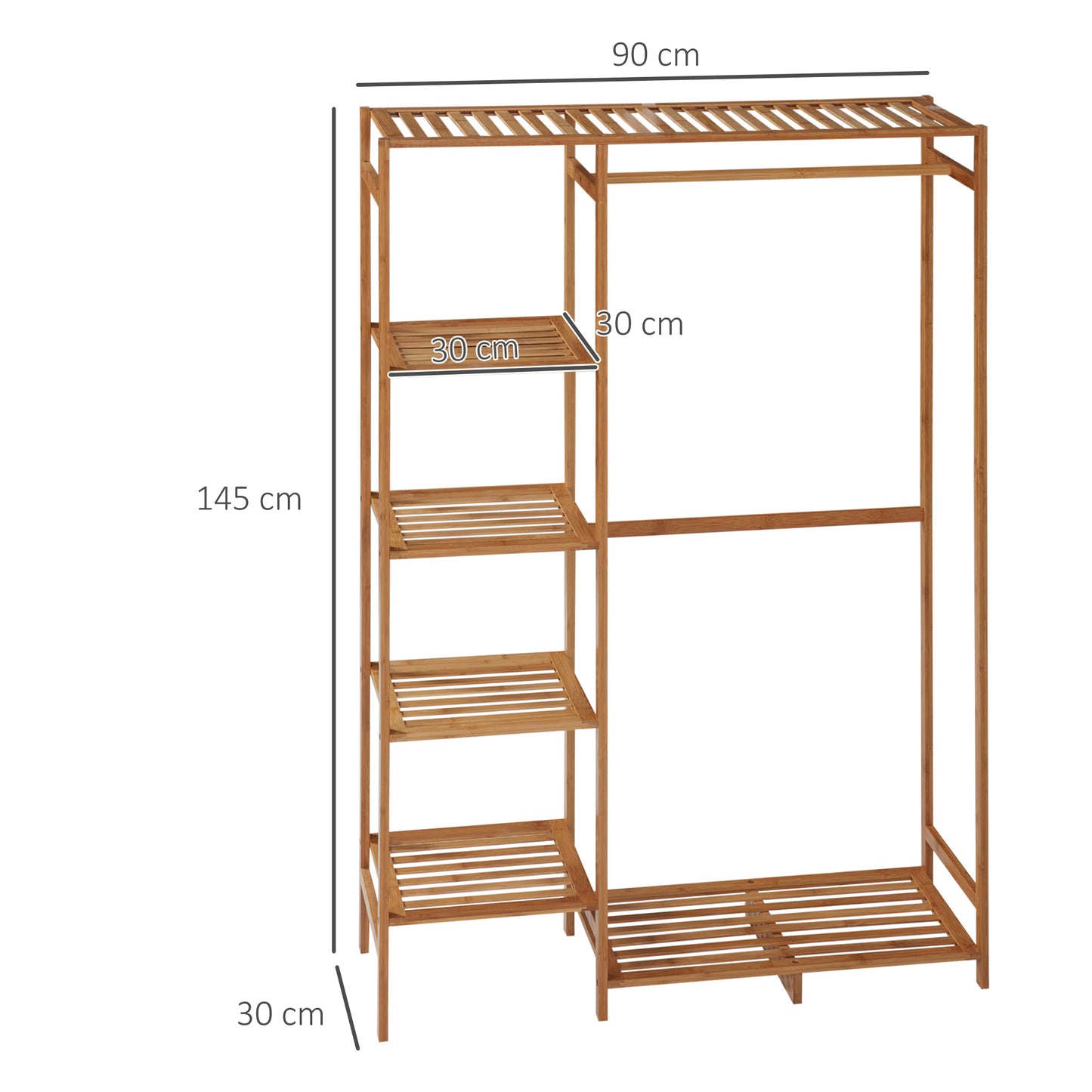 Natural Bamboo Clothes Rack for Bedroom Garment Rack with 6-Tier Storage Shelf Hanging Rod Clothes Rail for Living Room Entryway
