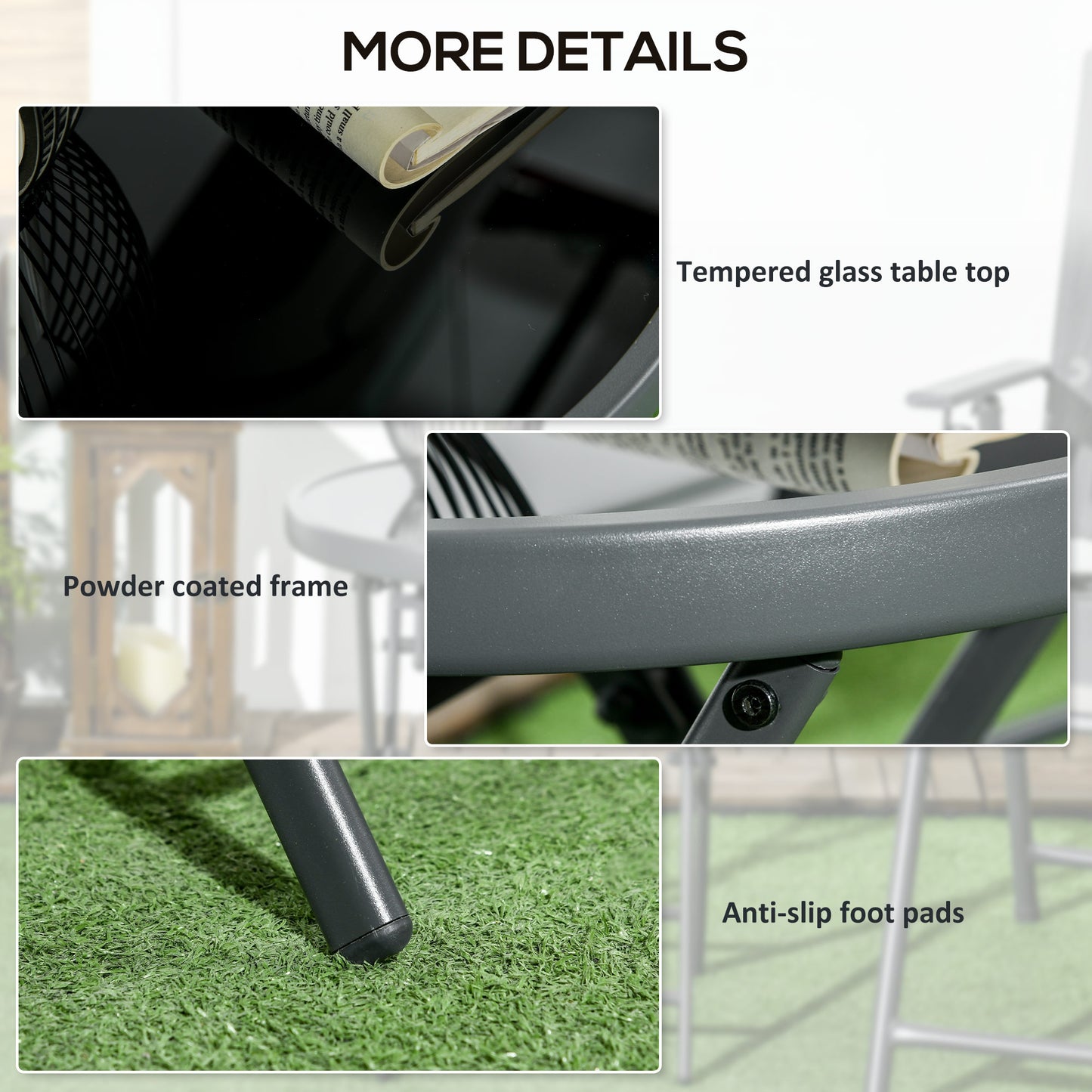 Outsunny Φ45cm Outdoor Side Table, Round Folding Patio Table with Imitation Marble Glass Top, Small Coffee Table