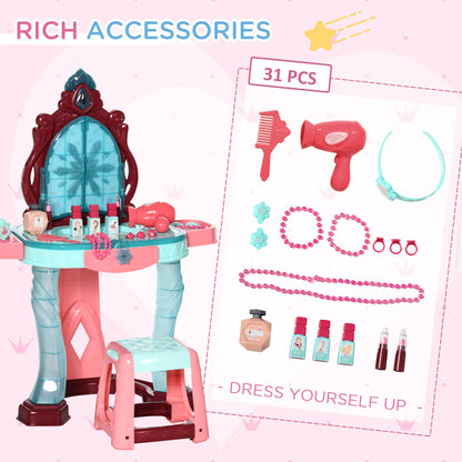 31 PCS Kids Dressing Table Set with Magic Princess Mirror, Musical Pretend Toy W/ Beauty Kit Mirror Light & Music, for 3-6 Years Old Blue+Pink