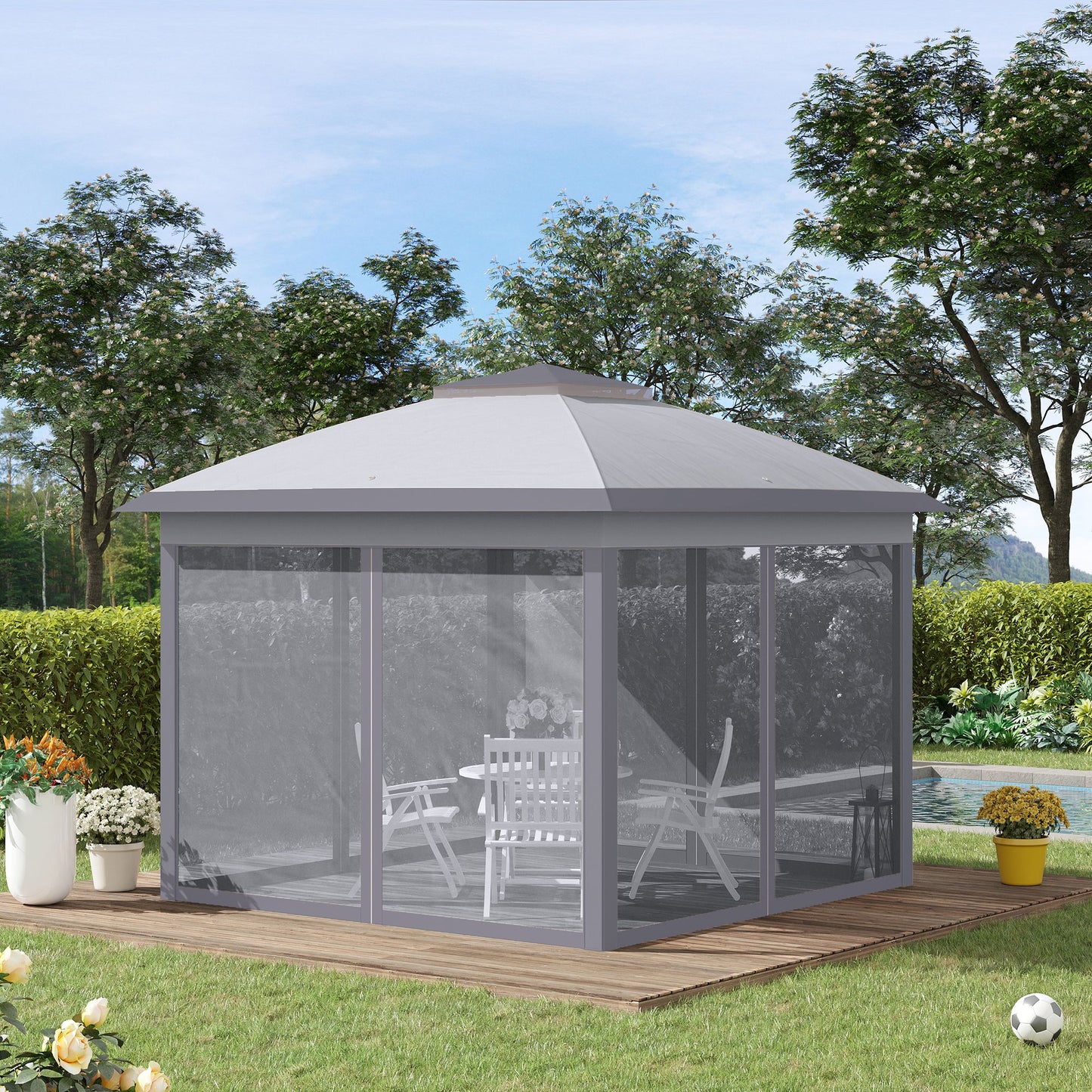 Outsunny 11' x 11' Pop Up Canopy, Double Roof Foldable Canopy Tent with Zippered Mesh Sidewalls, Height Adjustable and Carrying Bag, Event Tent Gray