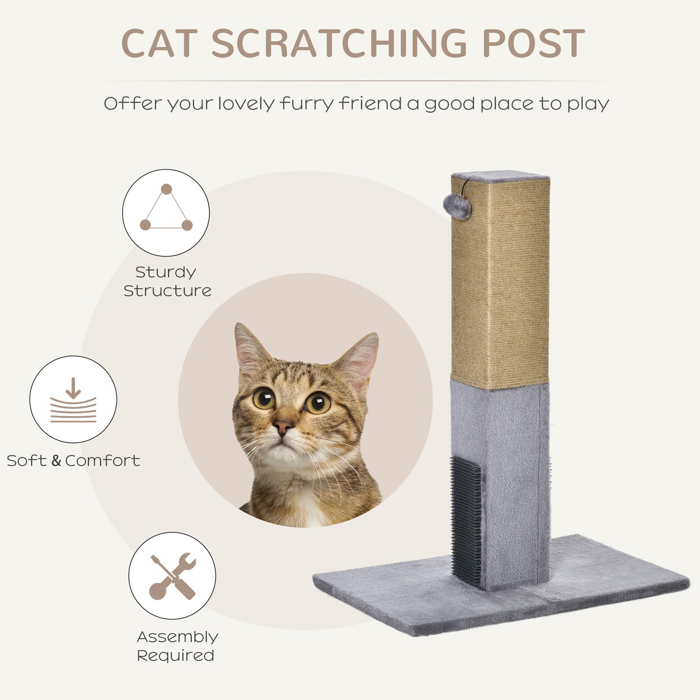 PawHut Cat Scratching Post, 79cm Tall Jute Scratcher Climber, Cat Tree Activity Centre with Carpet Base, Dangling Ball, Grey