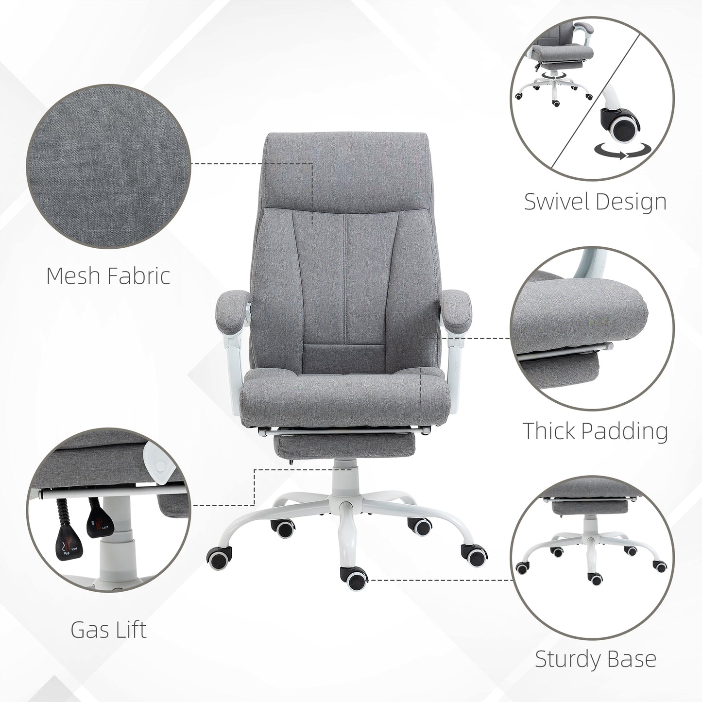 Vinsetto Executive Office Chair, Fabric Reclining Desk Chair with Foot Rest, Arm, Swivel Wheels, Adjustable Height, Grey