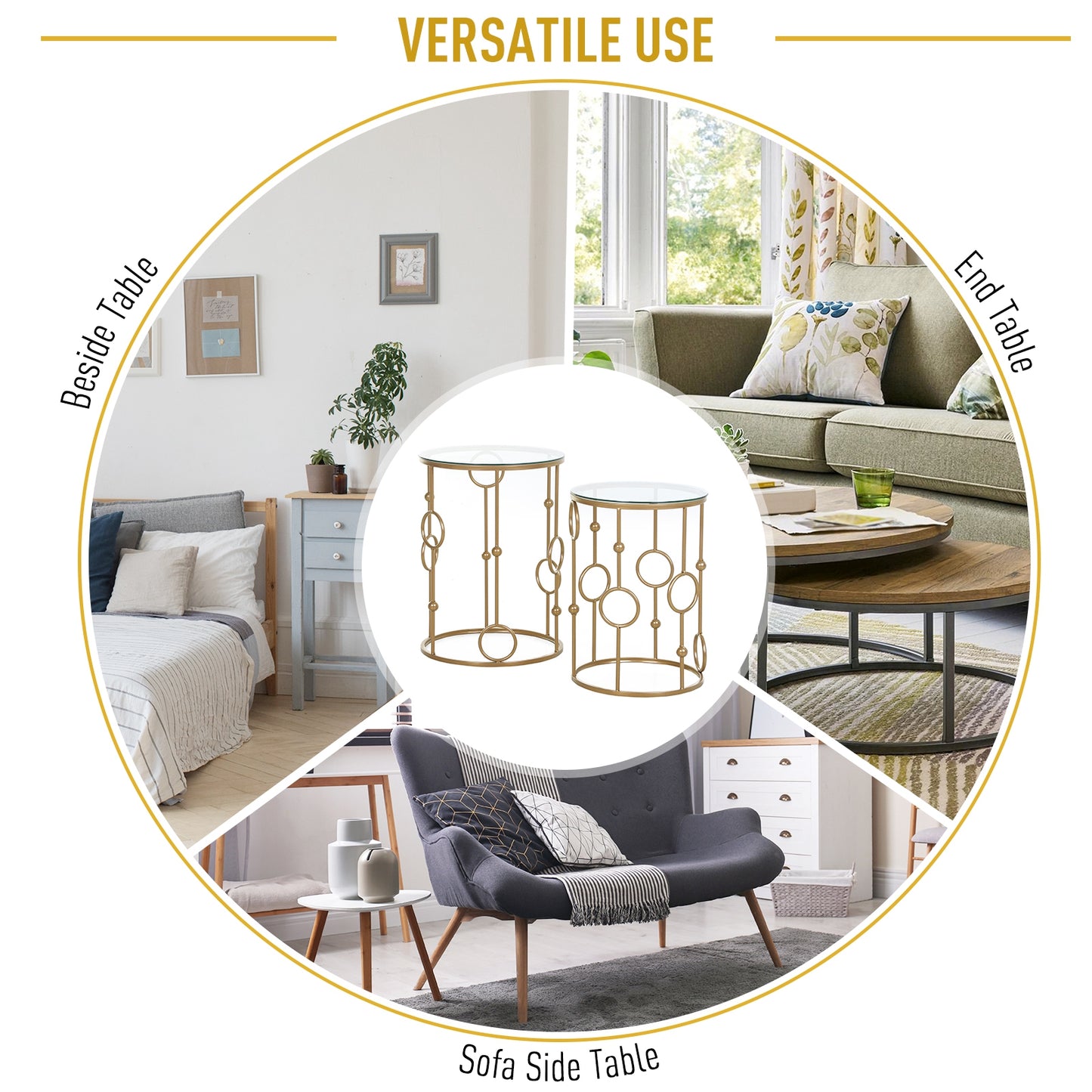 Modern Round Coffee Tables Set of 2, Gold Nest of Tables with Tempered Glass Top, Steel Frame for Living Room, Gold