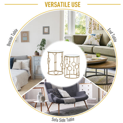 Modern Round Coffee Tables Set of 2, Gold Nest of Tables with Tempered Glass Top, Steel Frame for Living Room, Gold
