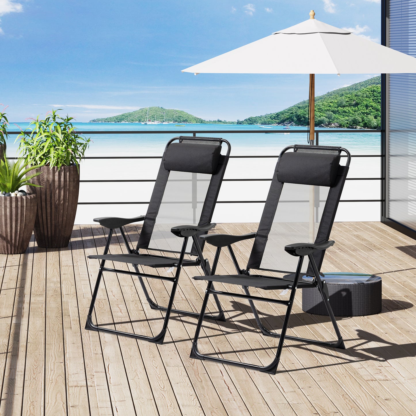Outsunny Set of 2 Portable Folding Recliner Outdoor Patio Chaise Lounge Camping Chair with Adjustable Backrest, Black