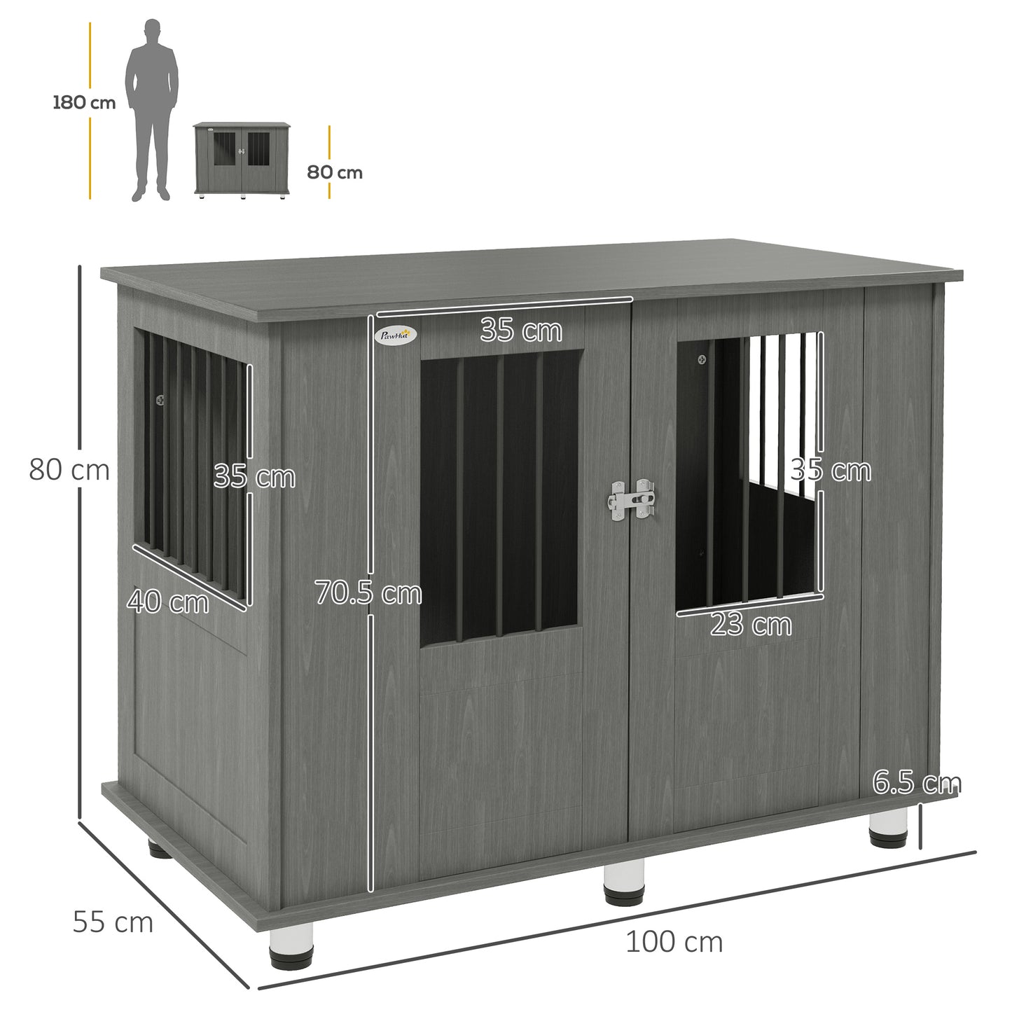 Dog Crate Furniture Side Table | Magnetic Door & Bolt | Elevated Base | Steel Bar Ventilation | Medium & Large Dogs up to 40kg | 100 x 55 x 80cm | Grey