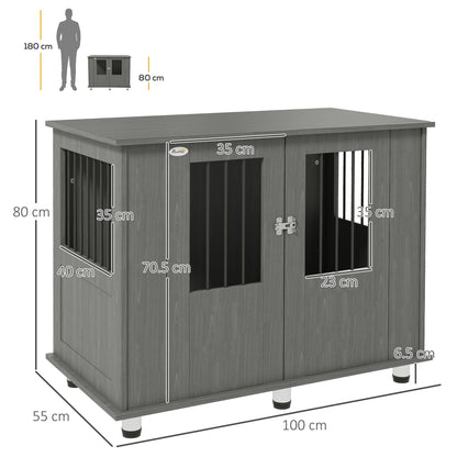 Dog Crate Furniture Side Table | Magnetic Door & Bolt | Elevated Base | Steel Bar Ventilation | Medium & Large Dogs up to 40kg | 100 x 55 x 80cm | Grey