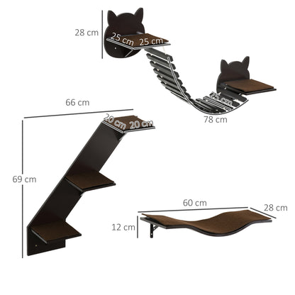 PawHut 3 Piece Wall-mounted Cats Shelves, Cat Climbing Shelf Set, Kitten Activity Center with Jumping Platforms, Ladders, Coffee Brown