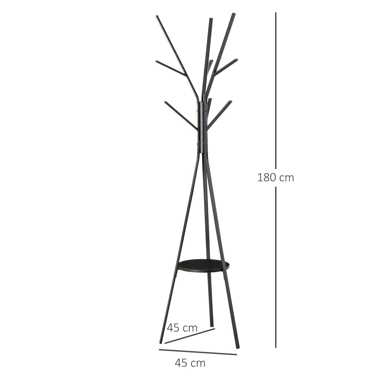 Free Standing Metal Coat Rack Stand 9 Hooks Clothes Tree with 1 Shelf Hat Display Hall Tree Hanger Bag Umbrella Hanging Organiser (Black) 180cm