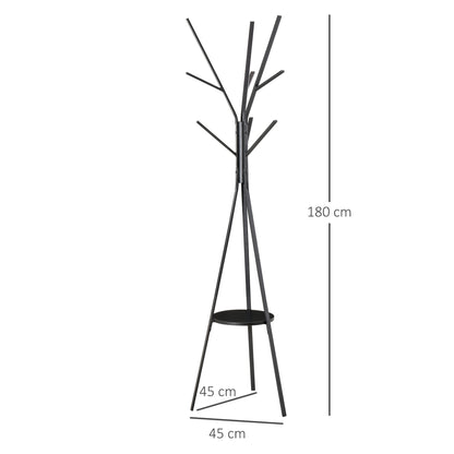 Free Standing Metal Coat Rack Stand 9 Hooks Clothes Tree with 1 Shelf Hat Display Hall Tree Hanger Bag Umbrella Hanging Organiser (Black) 180cm