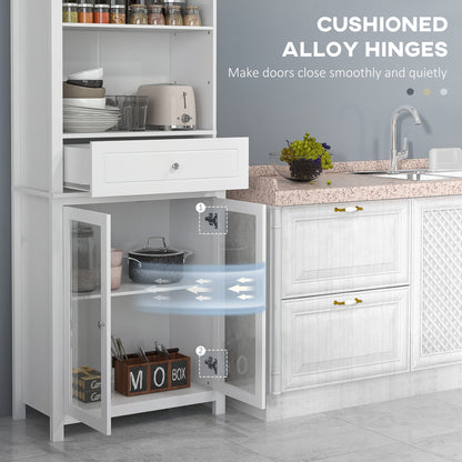 Kitchen Cupboard, Pantry Storage Cabinet w/ Tempered Glass Doors, Drawer, Open Shelf, Adjustable Shelves, 181.5 cm, White
