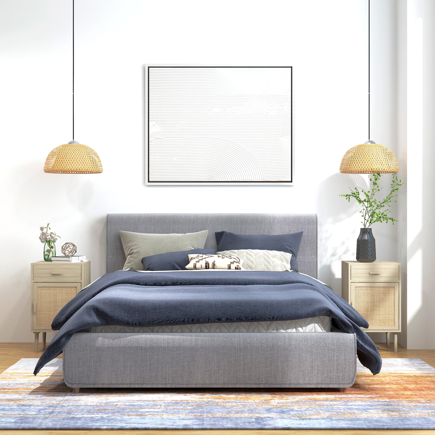 Set of 2 Bedside Rattan Side Tables W/ Drawer, Cabinet, Adjustable Shelf W/ Storage for Bedroom, Living Room, Natural Wood Effect