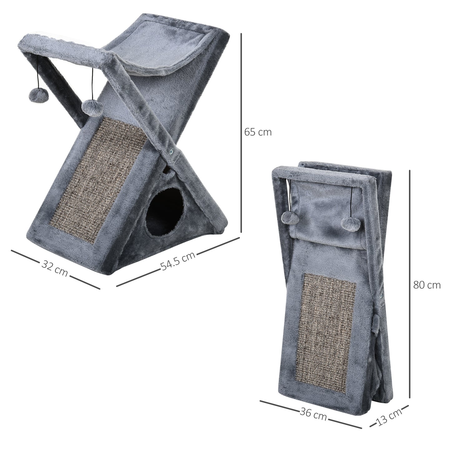 PawHut Two Tier Cat Tree Tower Scratching Post, 50L x 32W x 65Hcm-Grey