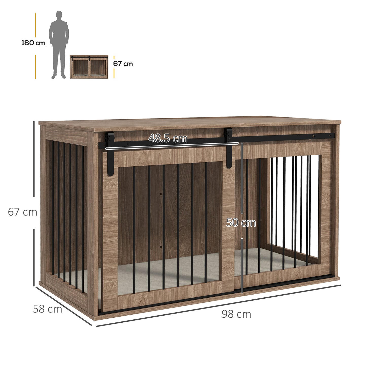 Dog Crate Furniture Side Table | Barn Door | Removable Washable Cushion | 3-Sided Ventilation | Large Dogs up to 30kg | 100 x 60 x 63cm | Brown