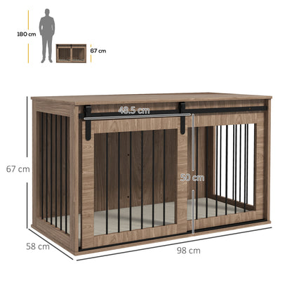 Dog Crate Furniture Side Table | Barn Door | Removable Washable Cushion | 3-Sided Ventilation | Large Dogs up to 30kg | 100 x 60 x 63cm | Brown