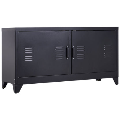 Industrial TV Cabinet Stand Media Centre Steel Shelf Doors Storage System DVD Recorder Receiver Unit - Black