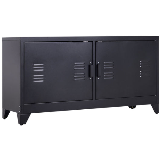 Industrial TV Cabinet Stand Media Centre Steel Shelf Doors Storage System DVD Recorder Receiver Unit - Black