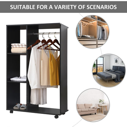 Open Wardrobe With Hanging Rail, Storage Shelves And Wheels Bedroom - Black