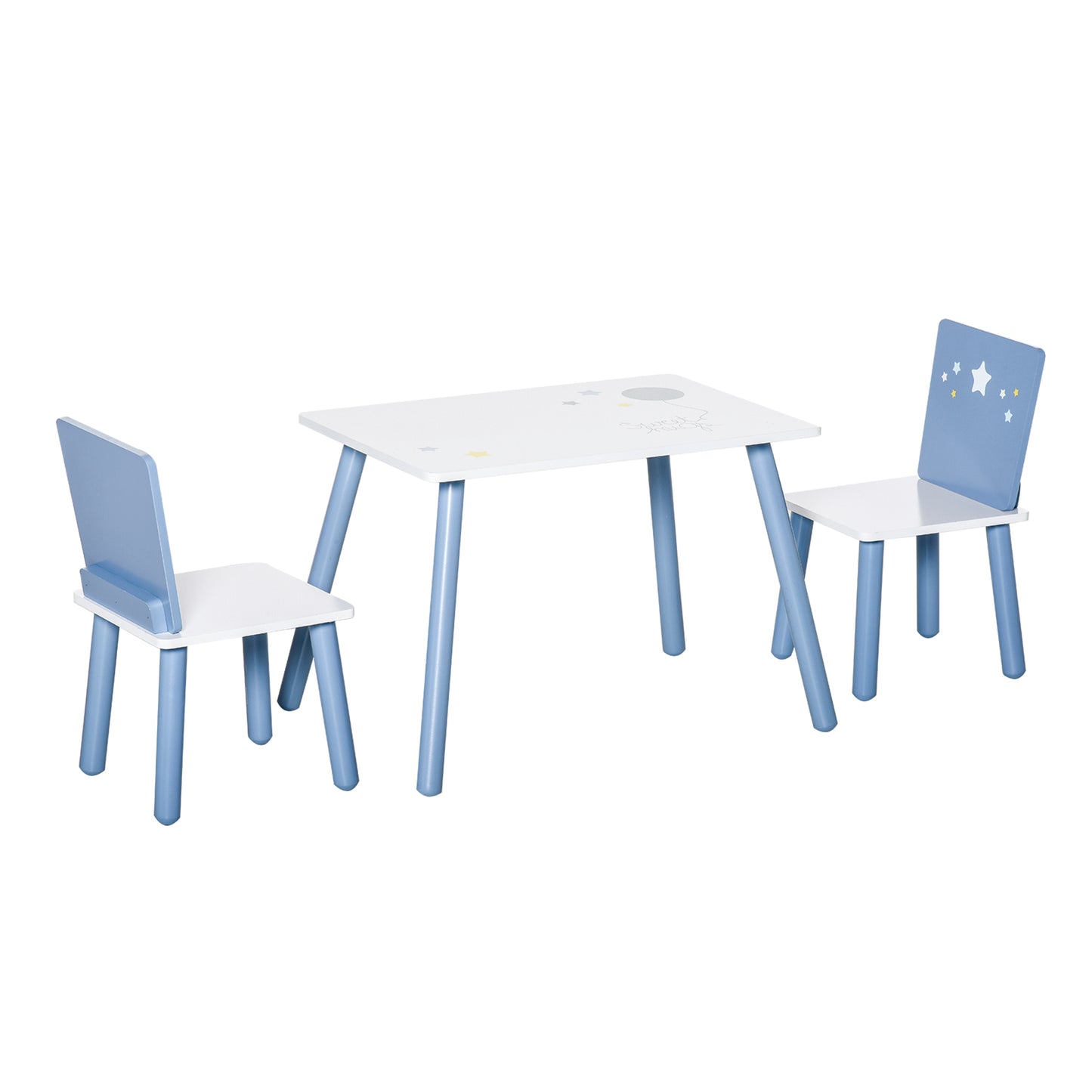 Kids Table and Chairs Set 3 Pieces 1 Table 2 Chairs Toddler Wooden Multi-usage Easy Assembly Star Image Ornament Blue and White