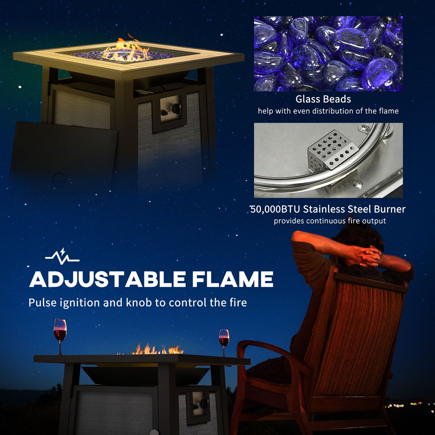 Outsunny 50,000 BTU Gas Fire Pit Table with Cover and Glass Beads, Dark Grey