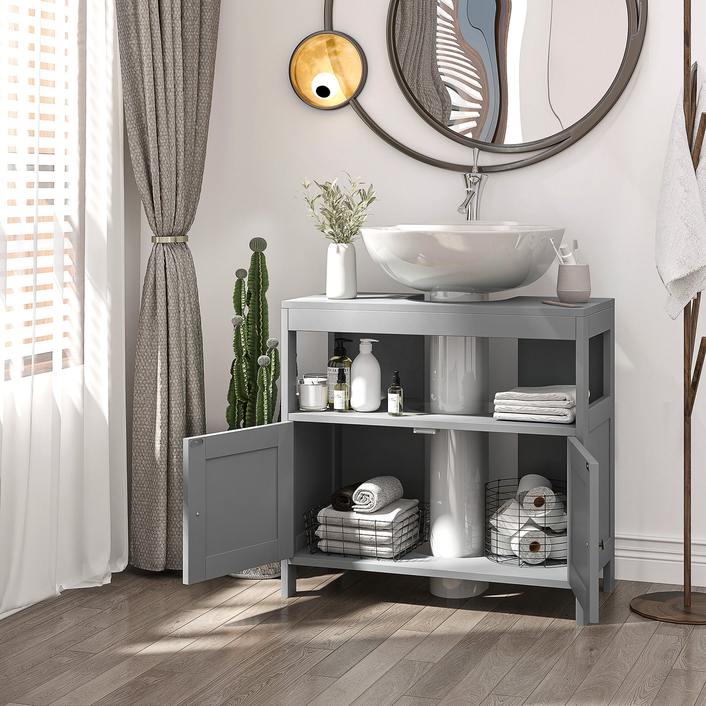 Kleankin Pedestal Under Sink Cabinet with Double Doors, Modern Bathroom Vanity Storage Unit with Shelves, Light Grey