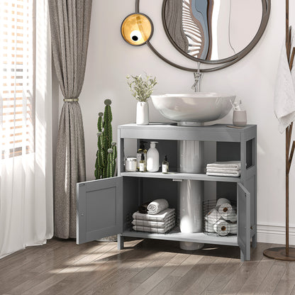 Kleankin Pedestal Under Sink Cabinet with Double Doors, Modern Bathroom Vanity Storage Unit with Shelves, Light Grey