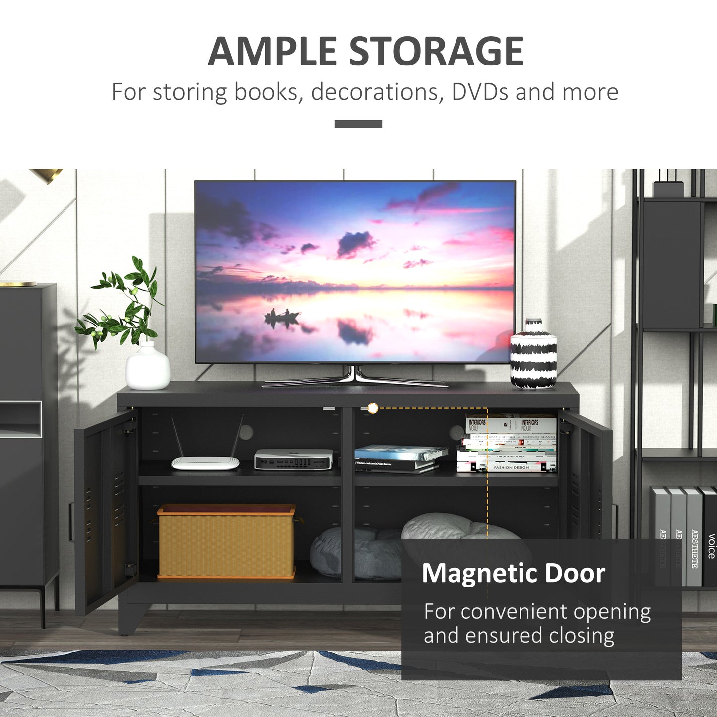 Industrial TV Cabinet Stand Media Centre Steel Shelf Doors Storage System DVD Recorder Receiver Unit - Black