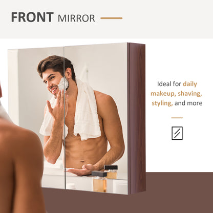 Kleankin Wall Mounted Glass Bathroom Mirror Cabinet Storage Shelf, 63Wx60Hx13.5T cm-Light Walnut