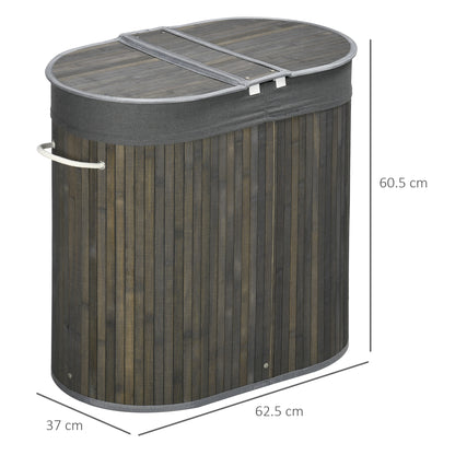 Bamboo Laundry Basket with Lid, 100 Litres Laundry Hamper with 2 Sections, Removable Washable Lining, Washing Baskets, 62.5 x 37 x 60.5cm, Grey