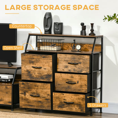 Chest of Drawers For Bedroom Industrial 5 Fabric Drawer Dresser with Open Shelf for Living Room, Rustic Brown