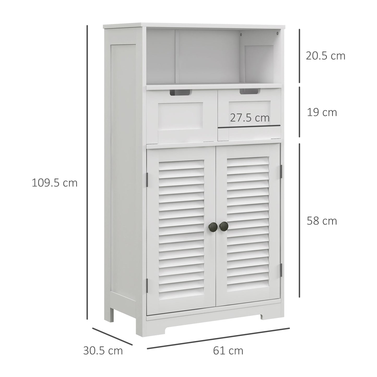 Kleankin Bathroom Storage Unit with Louvred Doors, Bathroom Floor Cabinet with Drawers, Open Shelf and Adjustable Shelf