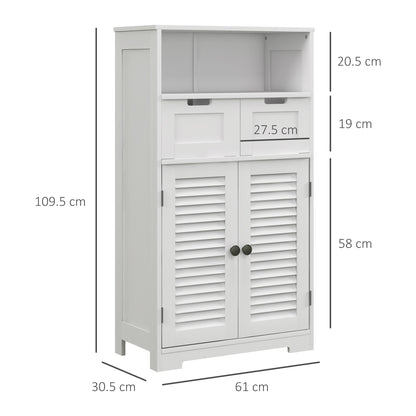 Kleankin Bathroom Storage Unit with Louvred Doors, Bathroom Floor Cabinet with Drawers, Open Shelf and Adjustable Shelf