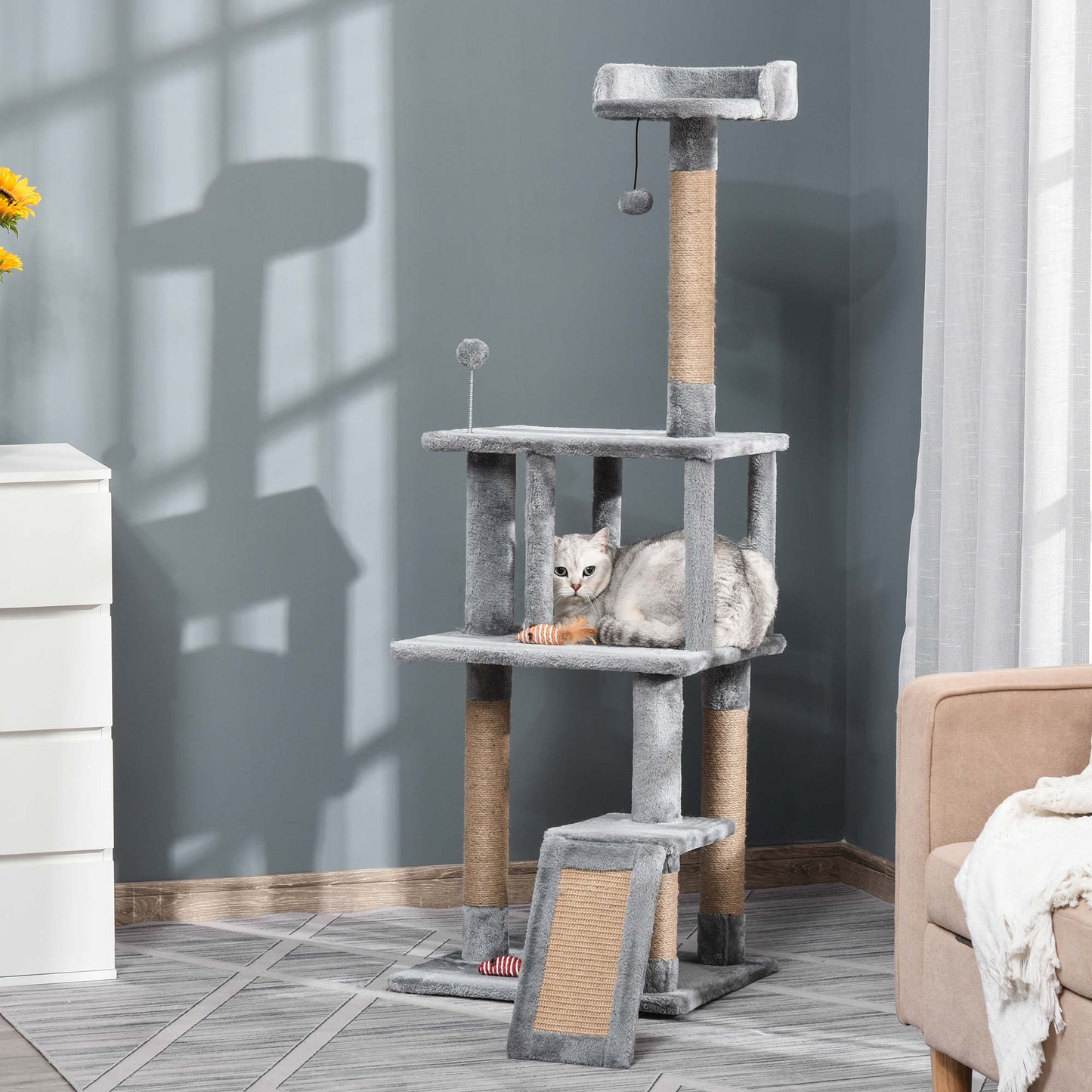 PawHut Cat Tree Tower 142cm Climbing Kitten Activity Centre with Jute Scratching Post  Board Perch Roomy Condo Removable Felt Hanging Toy, Grey