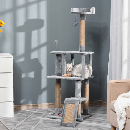PawHut Cat Tree Tower 142cm Climbing Kitten Activity Centre with Jute Scratching Post  Board Perch Roomy Condo Removable Felt Hanging Toy, Grey