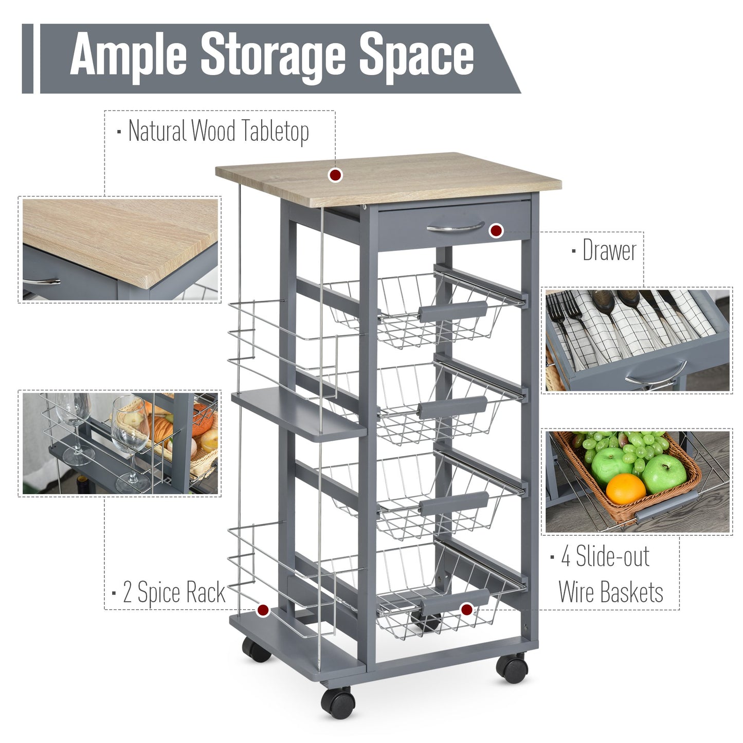 Kitchen Trolley, Multi-Use Kitchen Island w/ 4 Baskets 2 Side Racks 4 Wheels Food Storage Smooth Rolling Compact Furniture Dark Grey