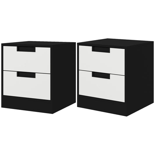 Bedside Tables Set of 2, Nightstands with 2 Drawers, Modern Bedside Cabinets with Storage for Bedroom, Living Room, White and Black