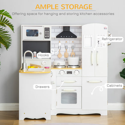 Kids Wooden Kitchen, Large Pretend Role Play Kitchen w/ Realistic Refrigerator, Microwave, Oven, Range Hood, Sink, Telephone