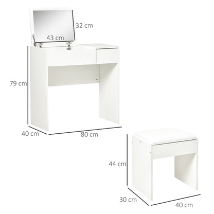 Makeup Desk with Drawer, Vanity Table Set with Flip-up Mirror and Cushioned Stool, White