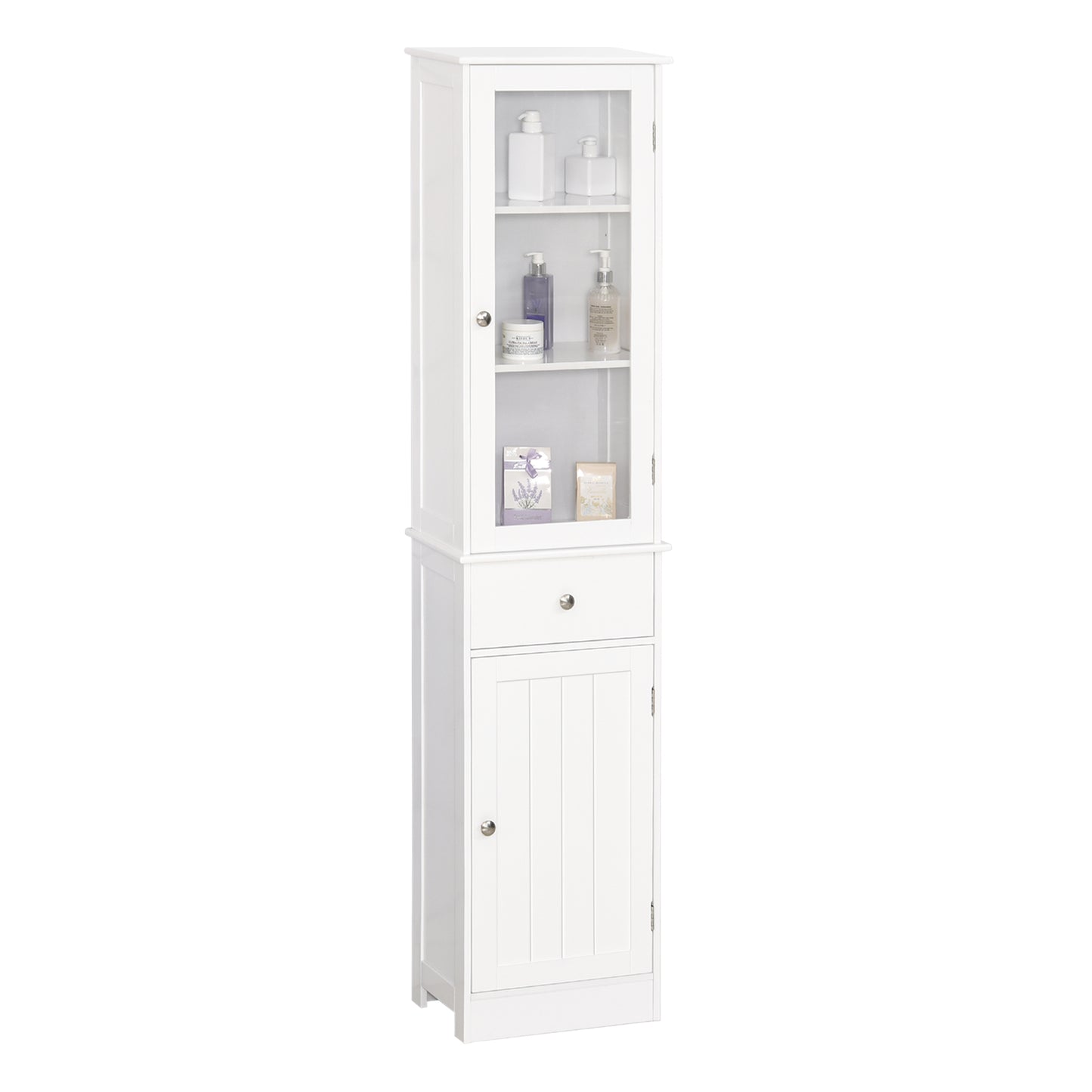 Kleankin Bathroom Storage Cabinet with 3-tier Shelf Drawer Door, Floor Cabinet Free Standing Tall Slim Side Organizer Shelves, White