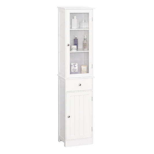 Kleankin Bathroom Storage Cabinet with 3-tier Shelf Drawer Door, Floor Cabinet Free Standing Tall Slim Side Organizer Shelves, White